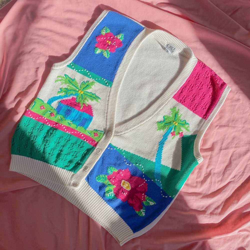 VTG 90s Colorful Crochet Tropical Motif Chunky Cotton Knit Sweater Vest - Large